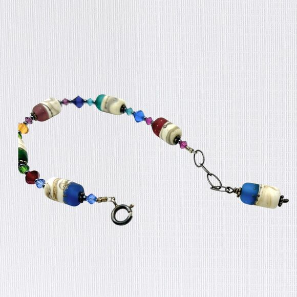 Handmade Bracelet Linked Polymer Clay Cylinder Beads Crystal Boho Artsy Festival - Picture 4 of 7